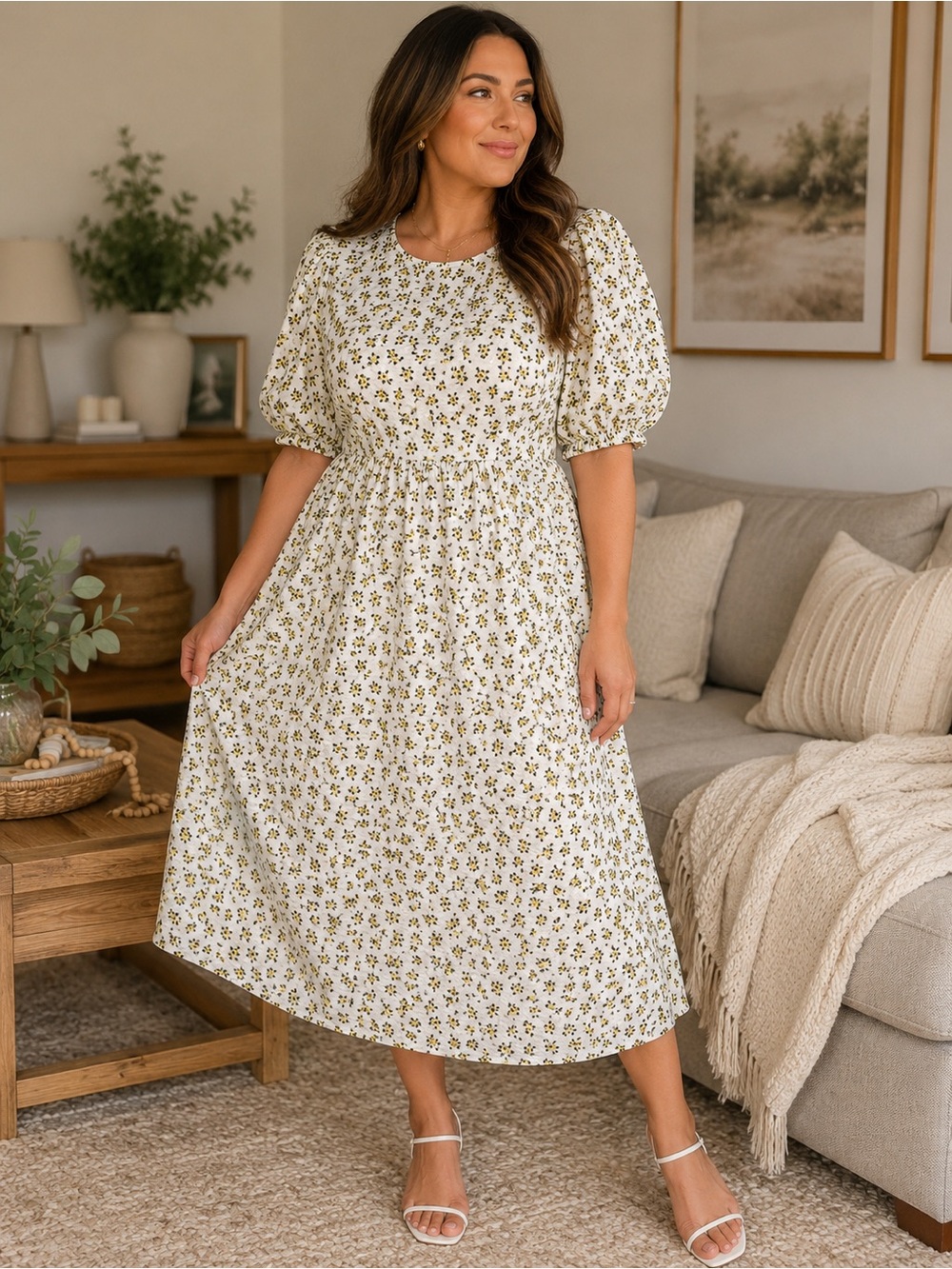 Topshop Cream Midi Dress with Yellow Floral Ditsy Print and Puff Sleeves